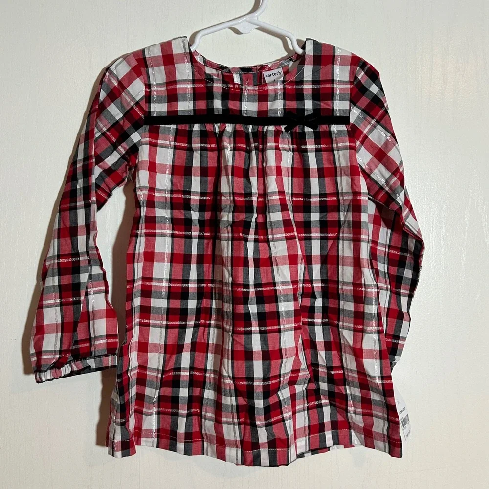 Carters Girls Plaid‎ Long Sleeve Top Dress Metallic Black Red White 4T